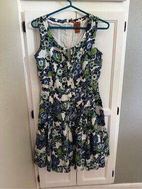Tory Burch Navy, Green & White Floral Fit-and-Flare Dress